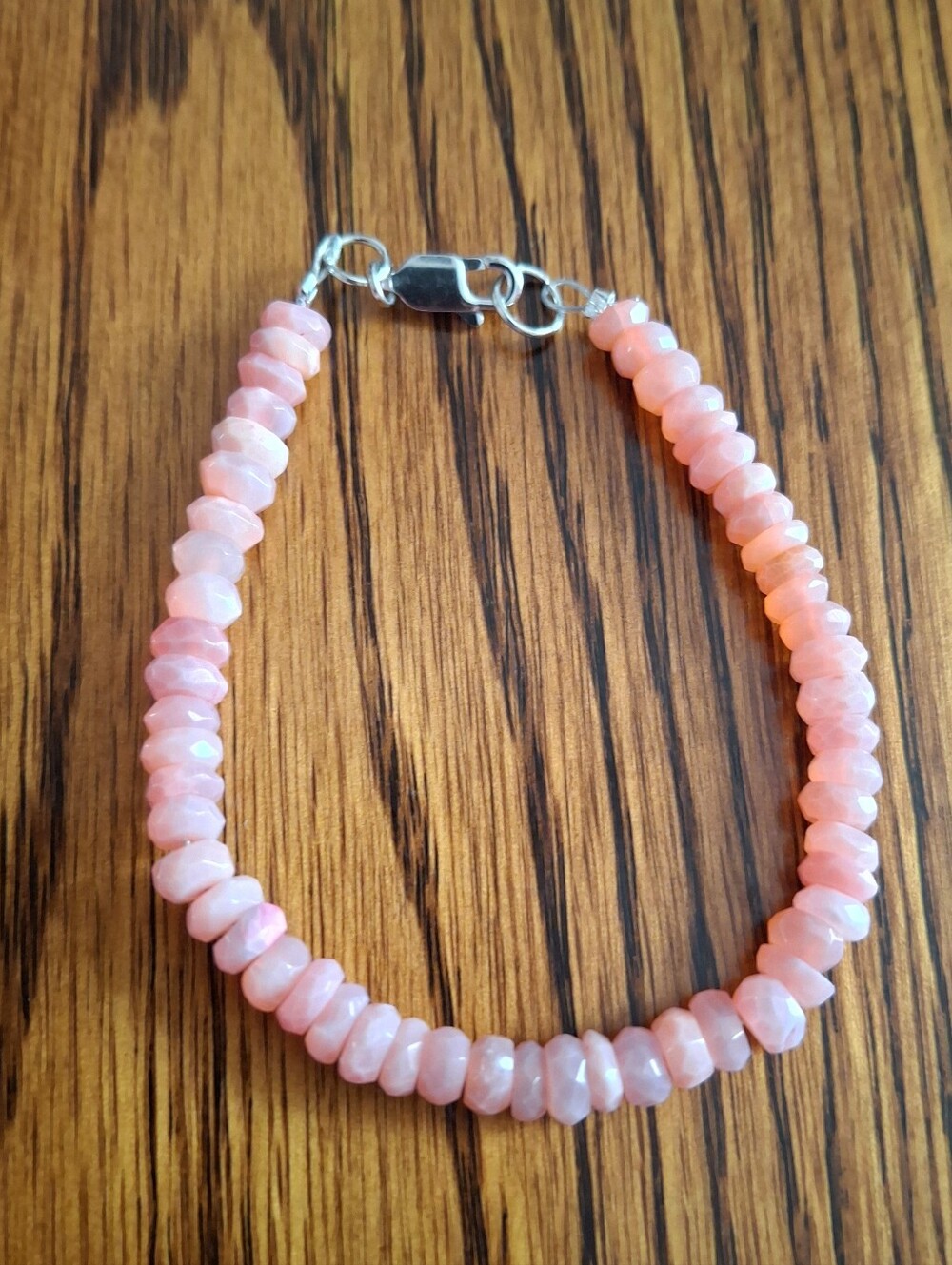 Bracelet Pink Opal Natural Stones Beaded Silvertone 7"